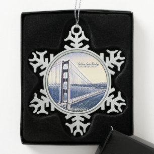 Golden Gate Bridge San Francisco Watercolor Art Snowflake Pewter Christmas Ornament