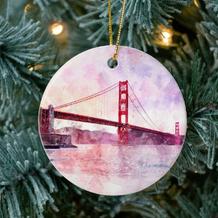 Golden Gate Bridge Watercolor at Sunset Ceramic Tree Decoration