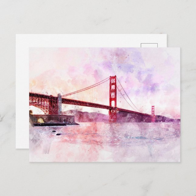 Golden Gate Bridge watercolor in San Francisco Postcard (Front/Back)