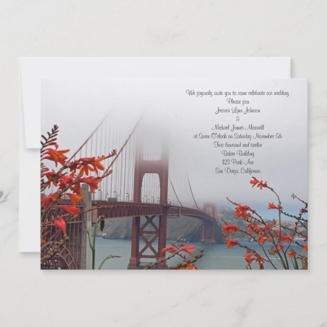 Golden Gate with Orange Flowers Wedding Invitation (Front)