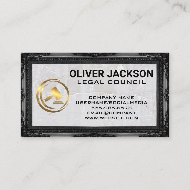 Golden Gavel Law Logo | Classic Frame | Stone Business Card (Front)