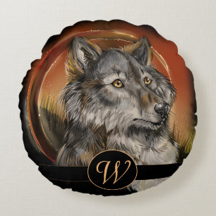 Golden Gaze Monogram Wolf Round Cushion
