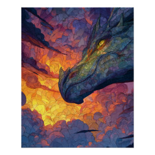 Golden Gaze Sunset Dragon Fantasy Art Poster