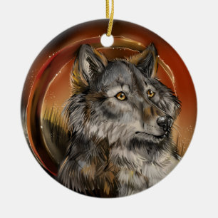 Golden Gaze Wolf Ceramic Tree Decoration
