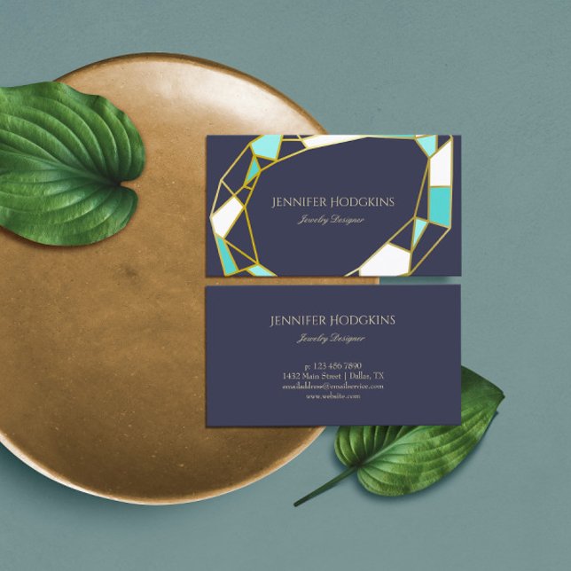 Golden Gem Outlines | Navy Blue | Jewellery Design Business Card (Creator Uploaded)