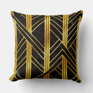 Golden Geometric Dimoned Art Deco on Black Marble Cushion