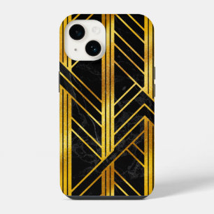 Golden Geometric Dimoned Art Deco on Black Marble iPhone 14 Case