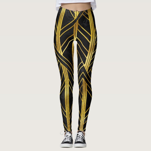 Golden Geometric Dimoned Art Deco on Black Marble Leggings (Front)
