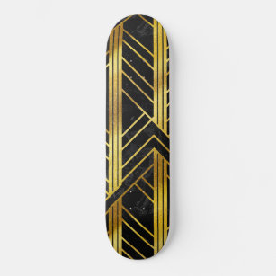 Golden Geometric Dimoned Art Deco on Black Marble Skateboard