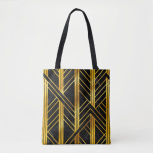Golden Geometric Dimoned Art Deco on Black Marble Tote Bag