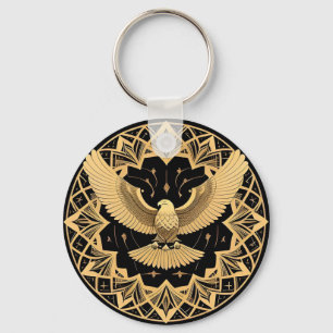 Golden Geometric Eagle on Mandala Key Ring