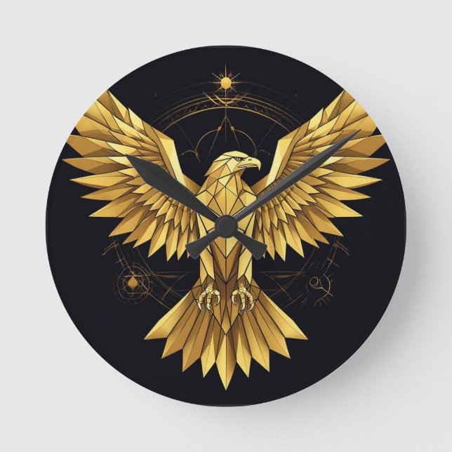 Golden Geometric Eagle Round Clock (Front)