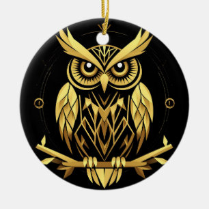 Golden Geometric Owl Illustration Ceramic Tree Decoration