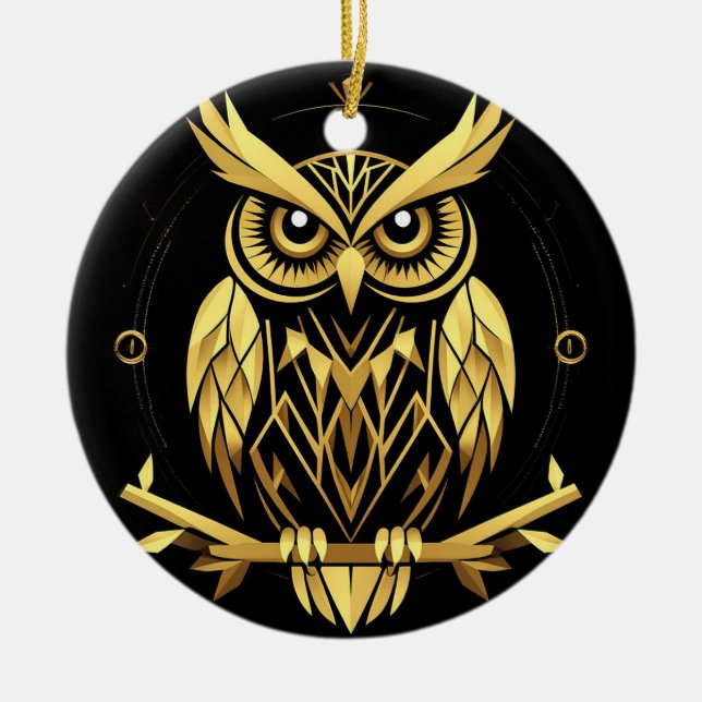 Golden Geometric Owl Illustration Ceramic Tree Decoration (Front)