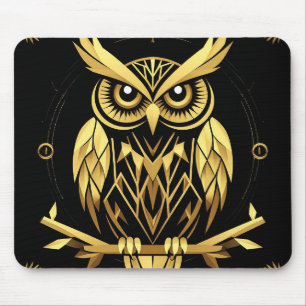 Golden Geometric Owl Illustration Mouse Mat