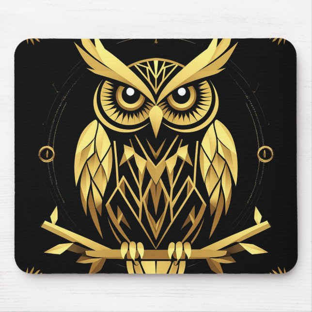Golden Geometric Owl Illustration Mouse Mat (Front)