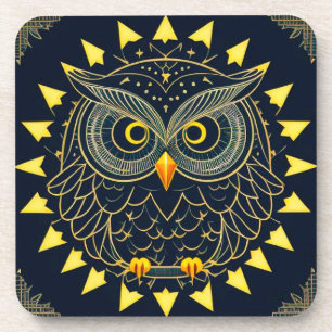 Golden Geometric Owl Illustration with Abstract Pa Coaster