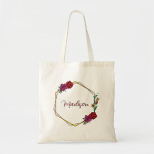 Golden Geometric Rose Personalised Floral Name Tote Bag