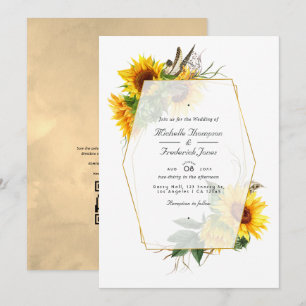Golden Geometric Sunflowers QR Code RSVP Wedding Invitation