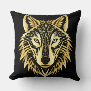 Golden Geometric Wolf Illustration Cushion