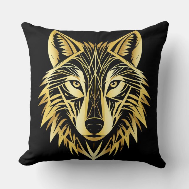 Golden Geometric Wolf Illustration Cushion (Front)