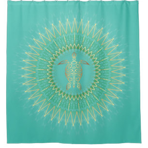 "Golden Geometry and Turtle" Tropical Mandala Shower Curtain