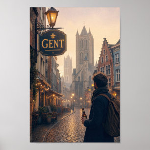 Golden Ghent Cathedral Streetscape Poster