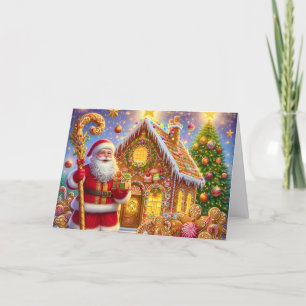 Golden Gingerbread House with Santa Christmas Holiday Card