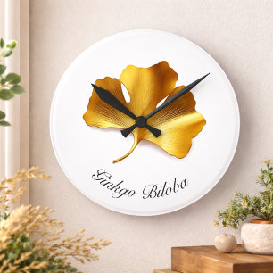 Golden Ginkgo Leaf - Symbol of Longevity & Health Round Clock