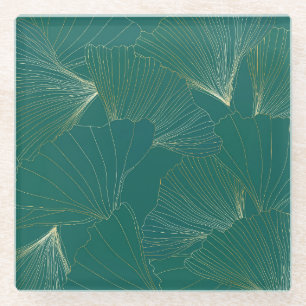 Golden Ginkgo Leaves Art Deco Glass Coaster