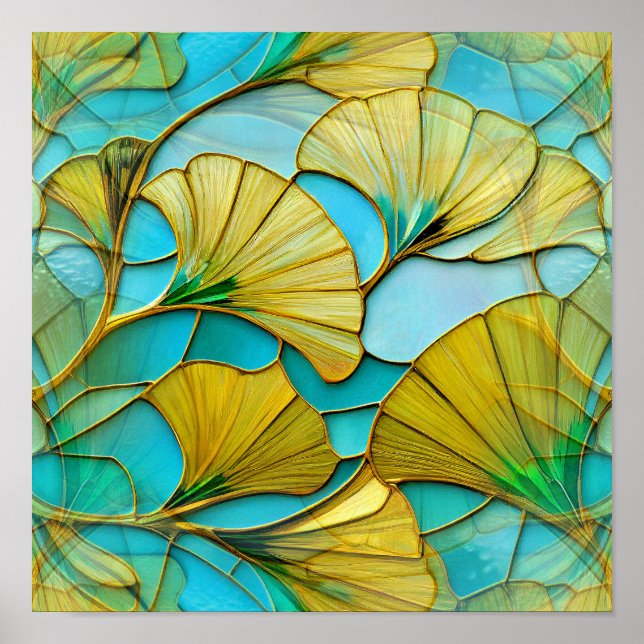 Golden Ginkgo Leaves Blue Background Poster (Front)