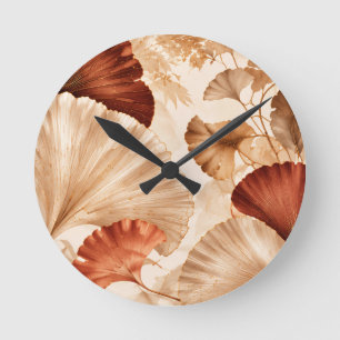 Golden Ginkgo Leaves Elegant Botanical Design Round Clock
