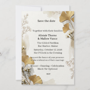 Golden Ginkgo Leaves, White Blossoms, Watercolor F Invitation