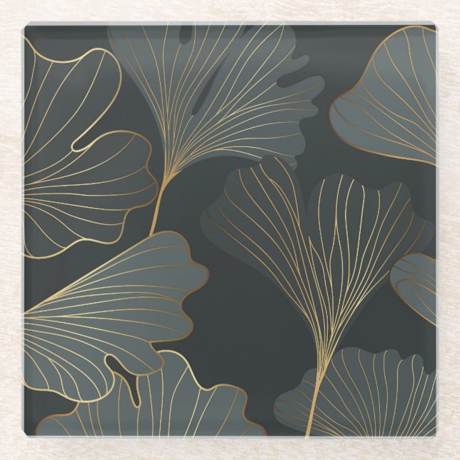 Golden Ginkgo: Luxurious Floral Deco. Glass Coaster (Front)