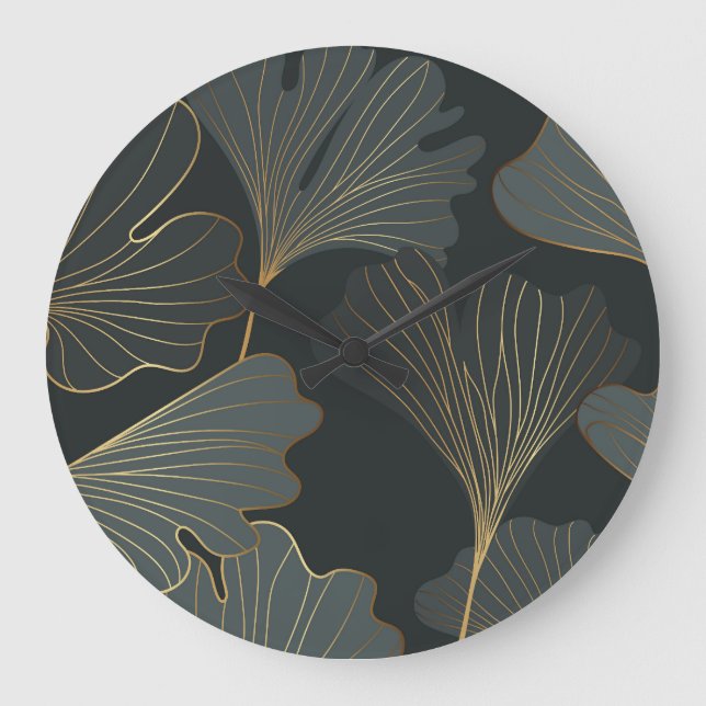 Golden Ginkgo: Luxurious Floral Deco. Large Clock (Front)