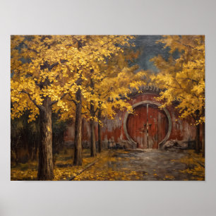Golden Ginkgo Trees and Red Moon Gate Poster
