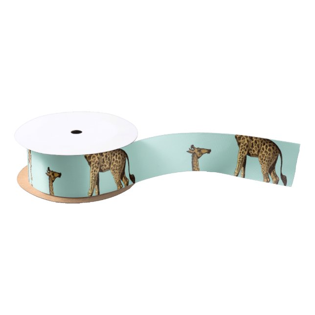 Golden Giraffes Teal Background Satin Ribbon (Spool)