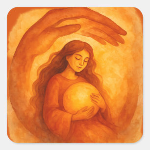 Golden Girl Holding Light Warm Protective Art Square Sticker