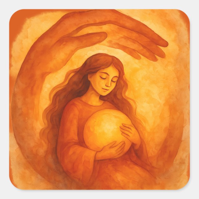 Golden Girl Holding Light Warm Protective Art Square Sticker (Front)