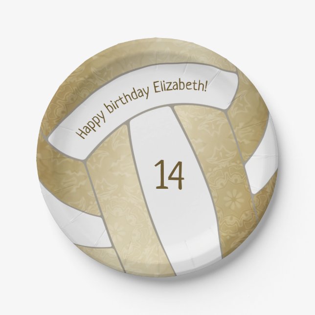 golden girly volleyball birthday party paper plate (Front)