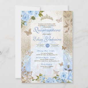 Golden Glam Cinderella Blue Butterfly Quinceanera Invitation