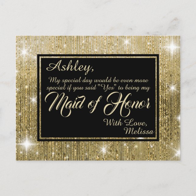 Golden Glam - Will You Be My Maid of Honour? Invitation Postcard (Front)
