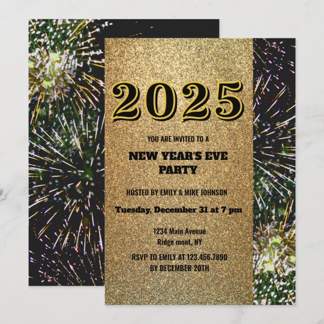 Golden glitter 2025 New Year's Eve Gold Fireworks  Invitation (Front/Back)