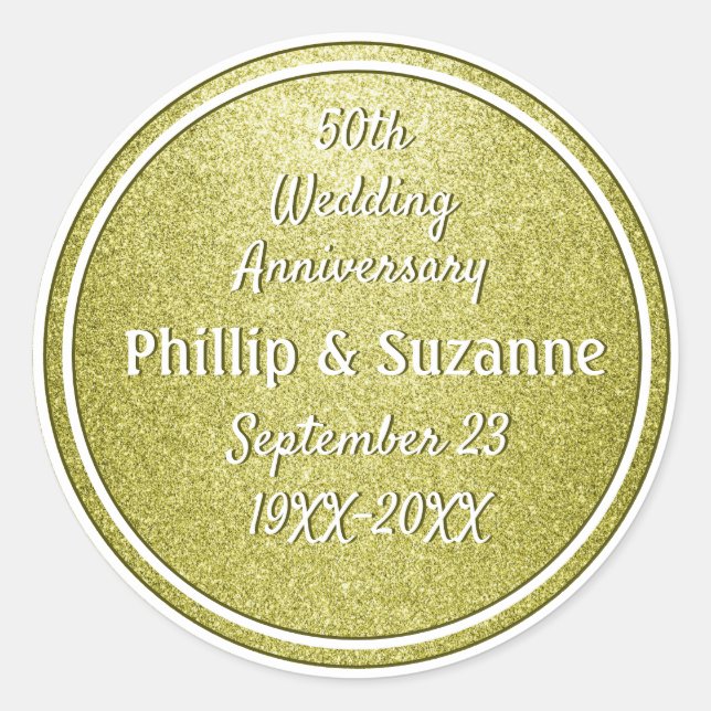 Golden Glitter 50th Wedding Anniversary Custom Classic Round Sticker (Front)