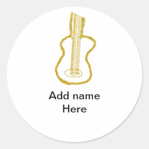 Golden glitter acoustic guitar add name doodle  classic round sticker