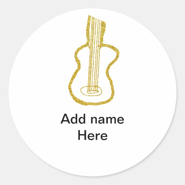 Golden glitter acoustic guitar add name doodle  classic round sticker (Front)