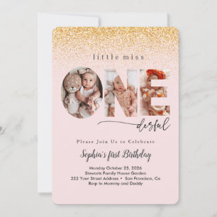 Golden Glitter Baby Girl 1st Birthday Photo Invitation