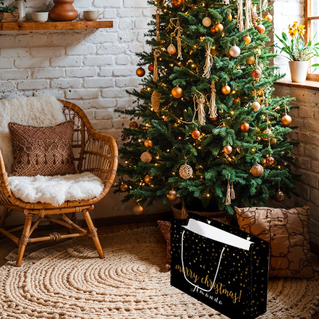 Golden Glitter Black Merry Christmas Polka Dots Large Gift Bag (Golden Glitter Black Merry Christmas Polka Dots Large Gift Bag)
