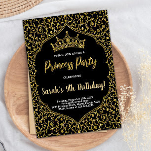 Golden Glitter Black Pink Princess Birthday Invitation