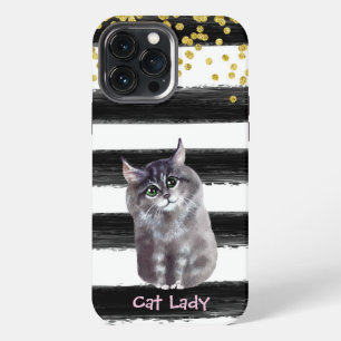 Golden Glitter Black Stripes Cat Illustration iPhone 13 Pro Max Case